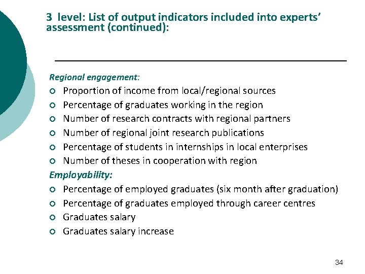3 level: List of output indicators included into experts’ assessment (continued): Regional engagement: Proportion