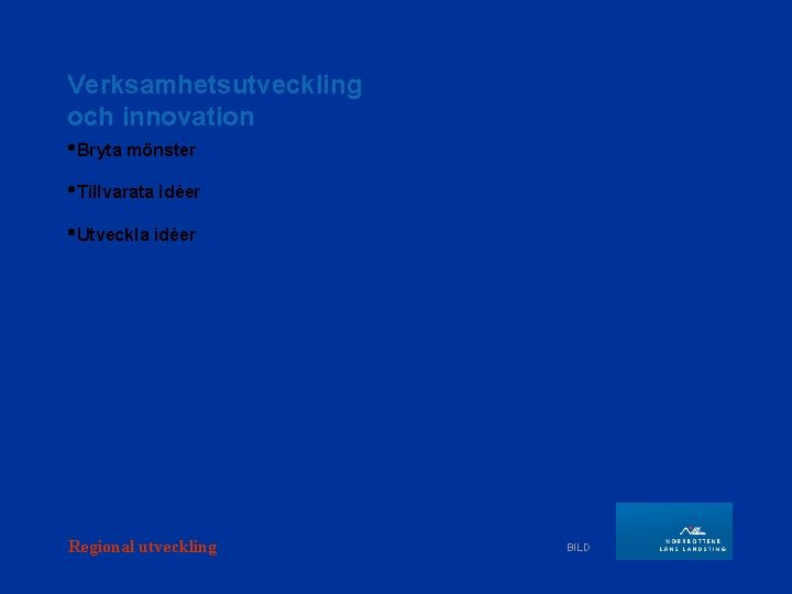 Verksamhetsutveckling och innovation • Bryta mönster • Tillvarata idéer • Utveckla idéer Regional utveckling