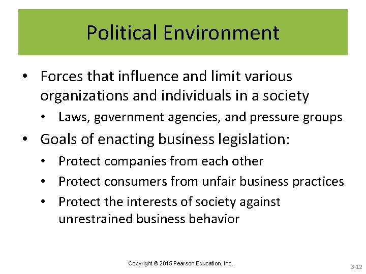 Political Environment • Forces that influence and limit various organizations and individuals in a