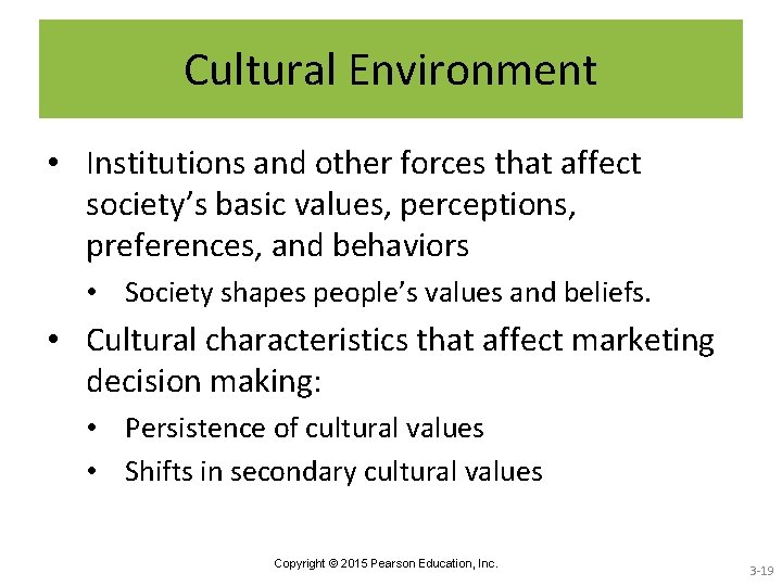 Cultural Environment • Institutions and other forces that affect society’s basic values, perceptions, preferences,