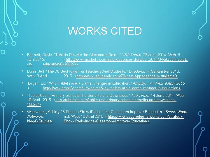 WORKS CITED • Bennett, Gayle. “Tablets Rewrite the Classroom Rules. ” USA Today. 23