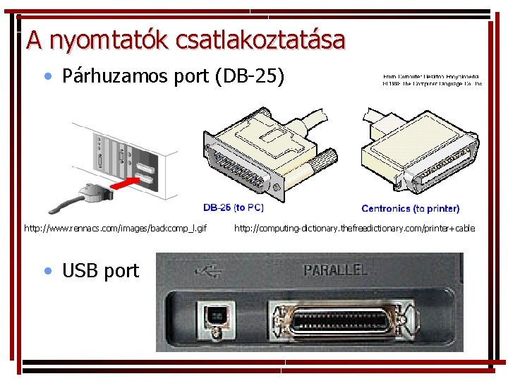A nyomtatók csatlakoztatása • Párhuzamos port (DB-25) http: //www. rennacs. com/images/backcomp_l. gif • USB
