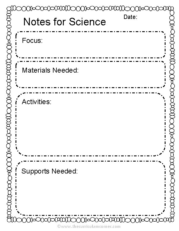 Notes for Science Focus: Materials Needed: Activities: Supports Needed: ©www. thecurriculumcorner. com Date: 