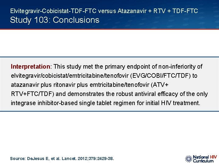 Elvitegravir-Cobicistat-TDF-FTC versus Atazanavir + RTV + TDF-FTC Study 103: Conclusions Interpretation: This study met