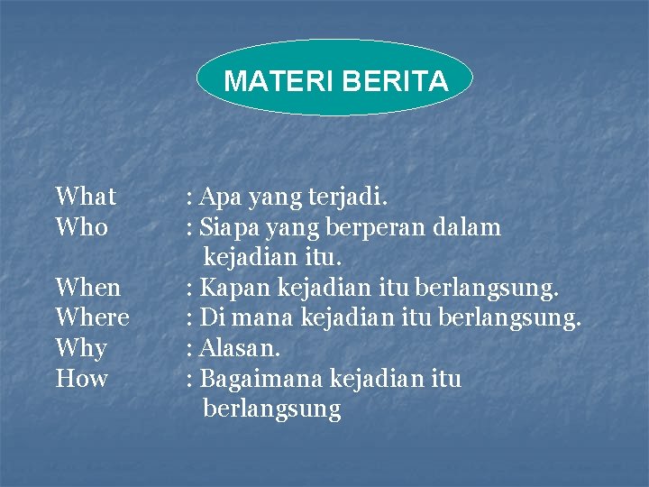 MATERI BERITA What Who When Where Why How : Apa yang terjadi. : Siapa
