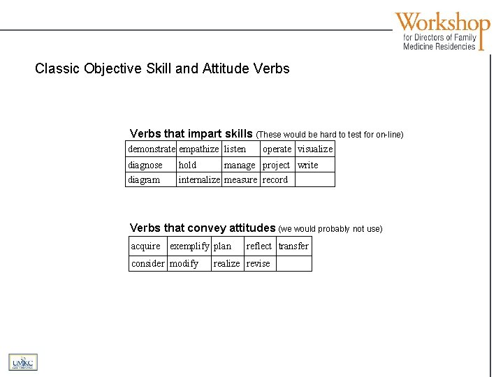 Classic Objective Skill and Attitude Verbs that impart skills (These would be hard to