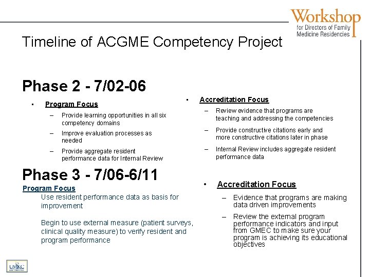 Timeline of ACGME Competency Project Phase 2 - 7/02 -06 • Program Focus –