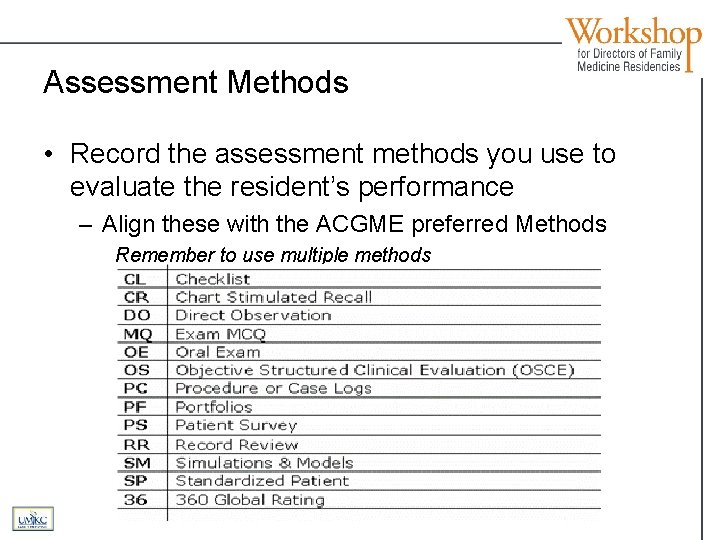 Assessment Methods • Record the assessment methods you use to evaluate the resident’s performance