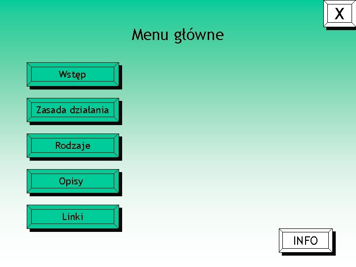 X Menu główne Wstęp Zasada działania Rodzaje Opisy Linki INFO 