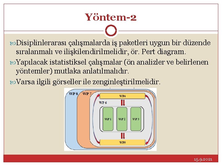 Yöntem-2 Disiplinlerarası çalışmalarda iş paketleri uygun bir düzende sıralanmalı ve ilişkilendirilmelidir, ör. Pert diagram.