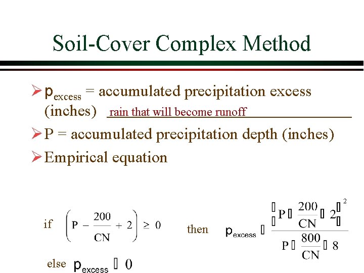 Soil Cover Complex Method Ø pexcess = accumulated precipitation excess (inches) rain that will