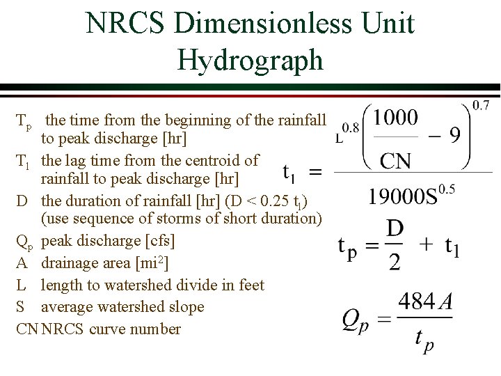 NRCS Dimensionless Unit Hydrograph Tp the time from the beginning of the rainfall to