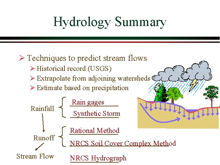 Hydrology Summary Ø Techniques to predict stream flows Ø Historical record (USGS) Ø Extrapolate