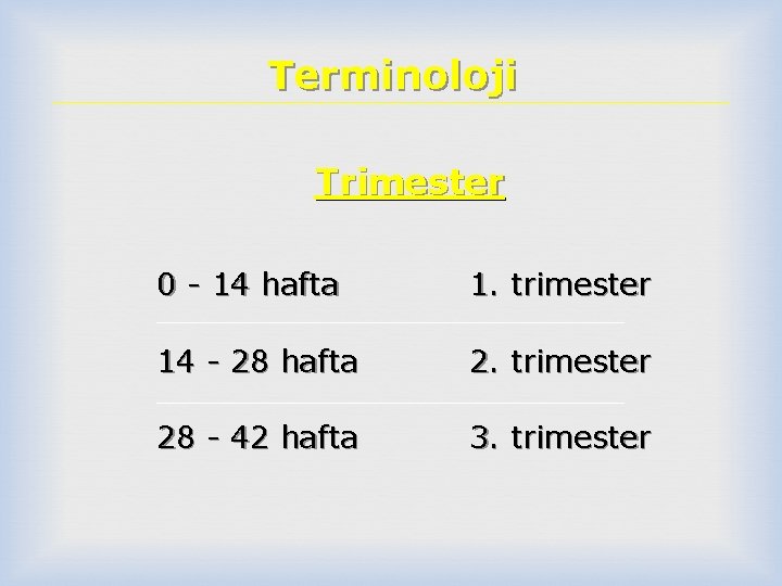 Terminoloji Trimester 0 - 14 hafta 1. trimester 14 - 28 hafta 2. trimester