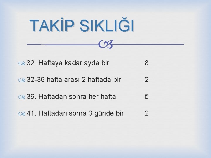 TAKİP SIKLIĞI 32. Haftaya kadar ayda bir 8 32 -36 hafta arası 2 haftada