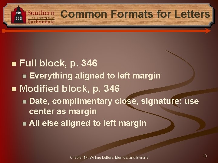 Common Formats for Letters n Full block, p. 346 n n Everything aligned to