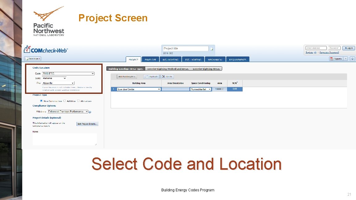 Project Screen Select Code and Location Building Energy Codes Program 21 