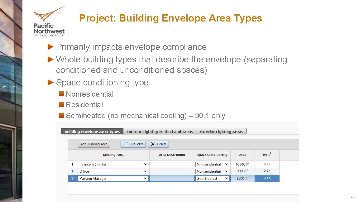 Project: Building Envelope Area Types Primarily impacts envelope compliance Whole building types that describe