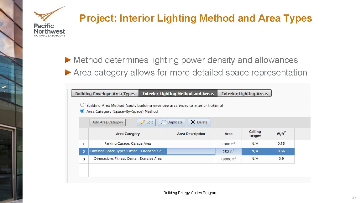 Project: Interior Lighting Method and Area Types Method determines lighting power density and allowances