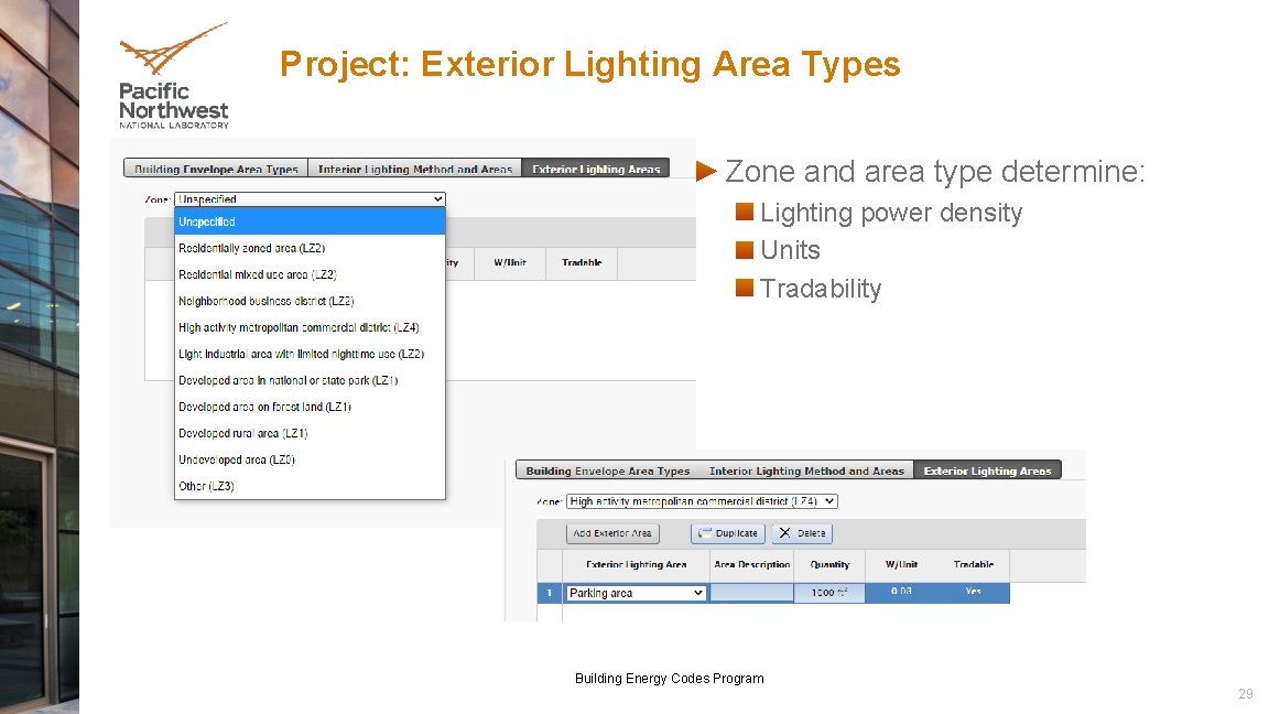 Project: Exterior Lighting Area Types Zone and area type determine: Lighting power density Units