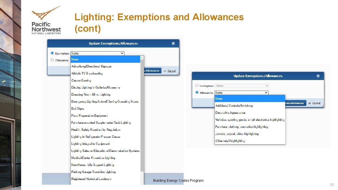 Lighting: Exemptions and Allowances (cont) Building Energy Codes Program 38 