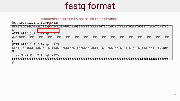 fastq format comments separated by space, could be anything @SRR 1997412. 1 1 length=125