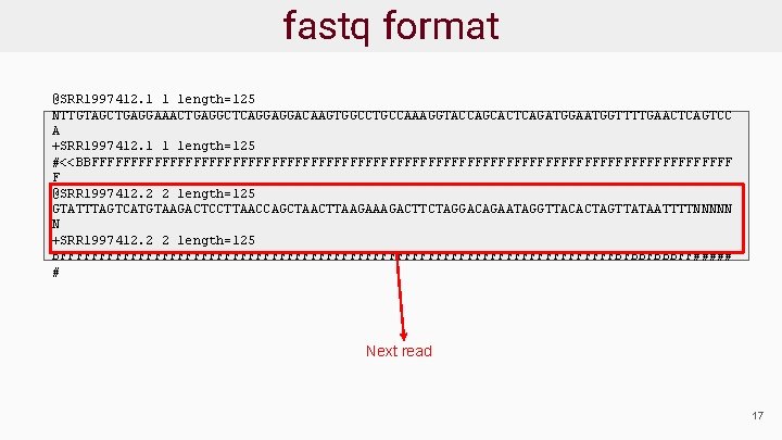 fastq format @SRR 1997412. 1 1 length=125 NTTGTAGCTGAGGAAACTGAGGCTCAGGAGGACAAGTGGCCTGCCAAAGGTACCAGCACTCAGATGGAATGGTTTTGAACTCAGTCC A +SRR 1997412. 1 1 length=125