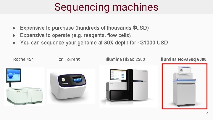 Sequencing machines ● Expensive to purchase (hundreds of thousands $USD) ● Expensive to operate