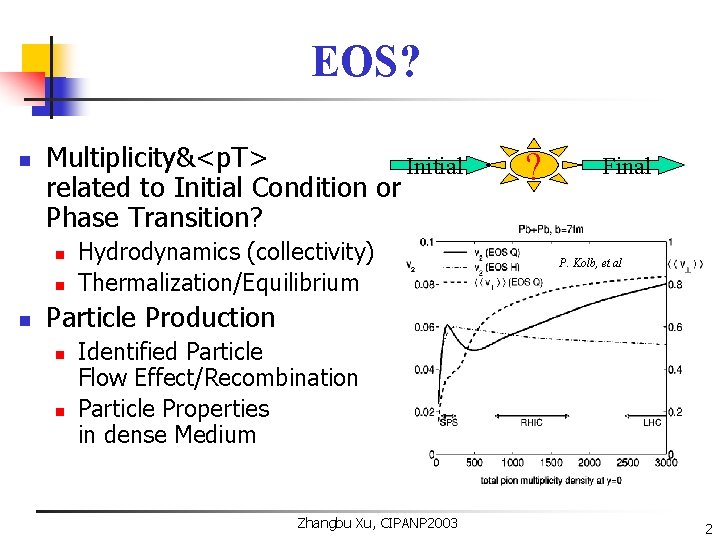 EOS? n Multiplicity&<p. T> Initial related to Initial Condition or Phase Transition? n n