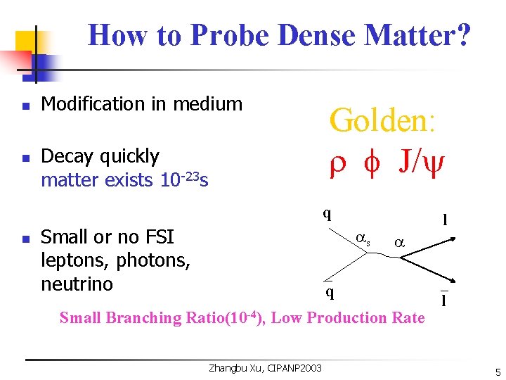 How to Probe Dense Matter? n n Modification in medium Golden: J/ Decay quickly