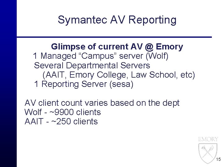 Symantec AV Reporting Glimpse of current AV @ Emory 1 Managed “Campus” server (Wolf)