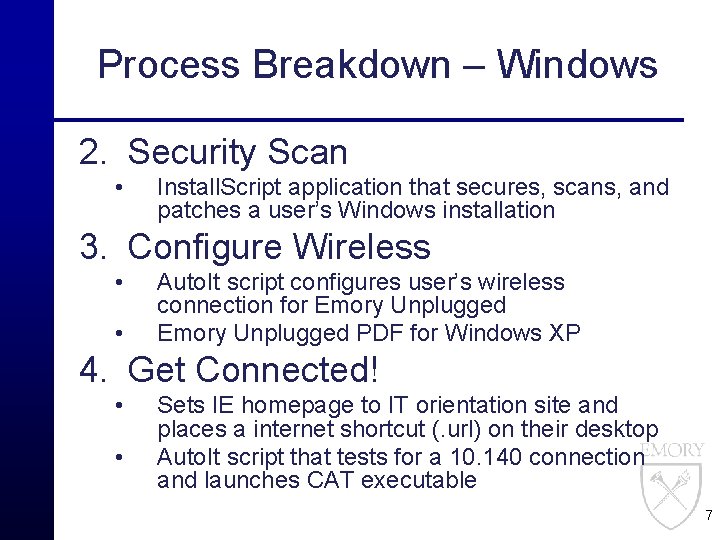 Process Breakdown – Windows 2. Security Scan • Install. Script application that secures, scans,
