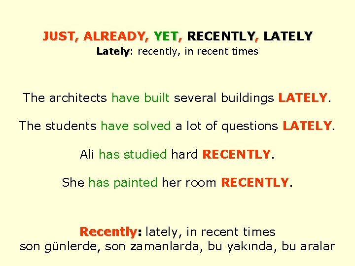 JUST, ALREADY, YET, RECENTLY, LATELY Lately: Lately recently, in recent times The architects have
