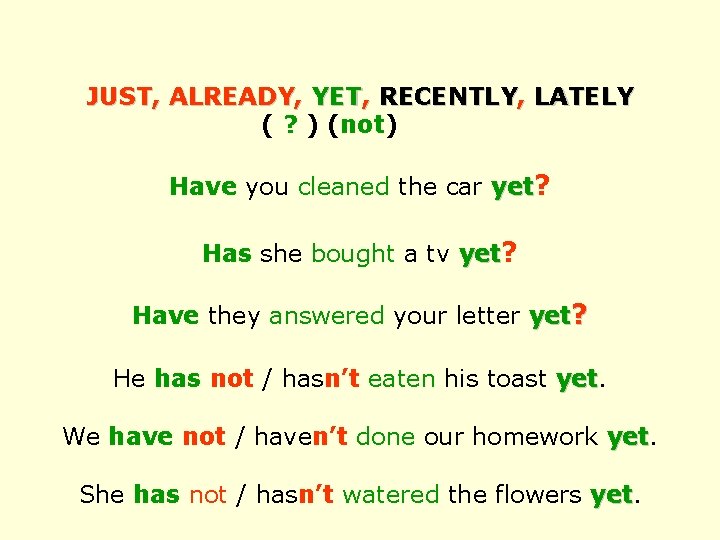JUST, ALREADY, YET, RECENTLY, LATELY ( ? ) (not) Have you cleaned the car