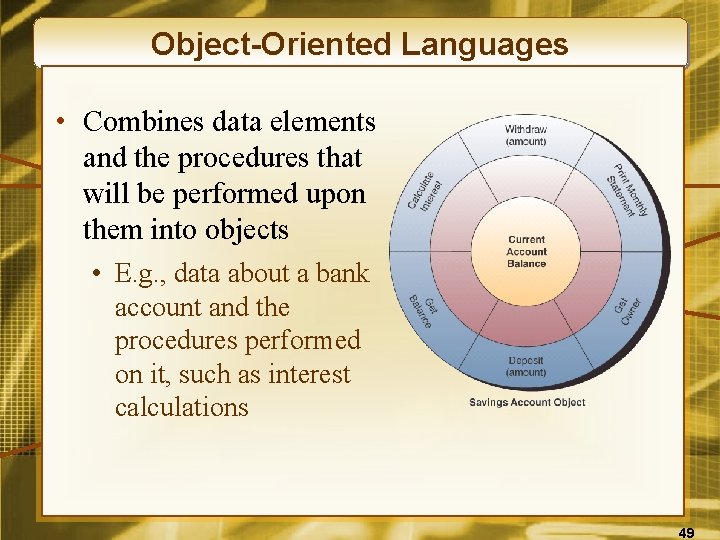 Object-Oriented Languages • Combines data elements and the procedures that will be performed upon
