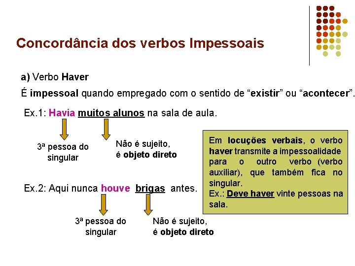 Concordância dos verbos Impessoais a) Verbo Haver É impessoal quando empregado com o sentido