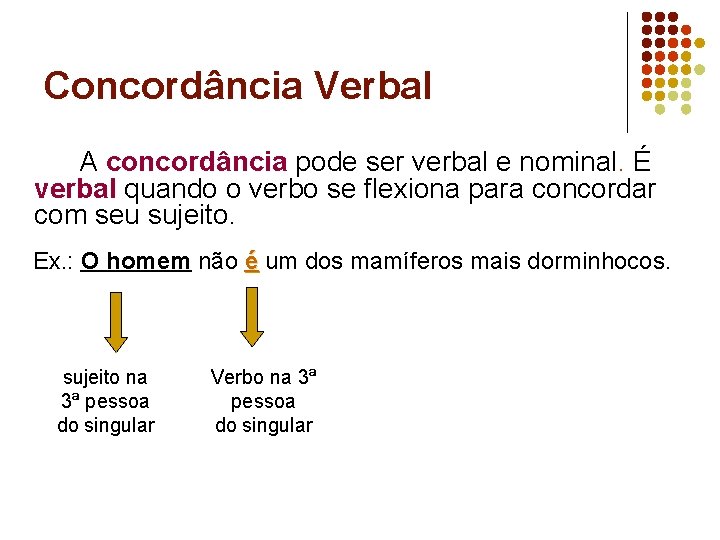 Concordância Verbal A concordância pode ser verbal e nominal. É verbal quando o verbo