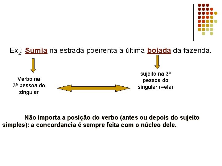 Ex 2: Sumia na estrada poeirenta a última boiada da fazenda. Verbo na 3ª