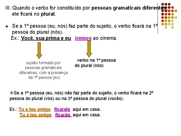 III. Quando o verbo for constituído por pessoas gramaticais diferentes, ele ficará no plural.