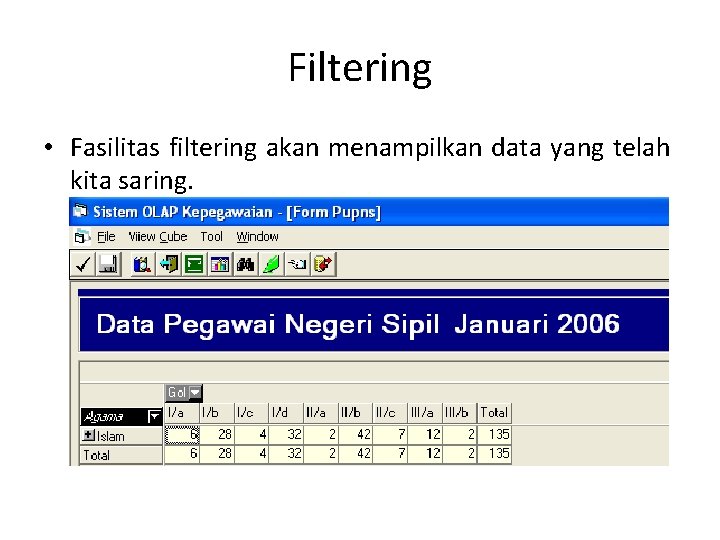 Filtering • Fasilitas filtering akan menampilkan data yang telah kita saring. 