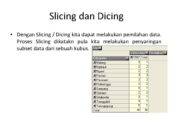 Slicing dan Dicing • Dengan Slicing / Dicing kita dapat melakukan pemilahan data. Proses