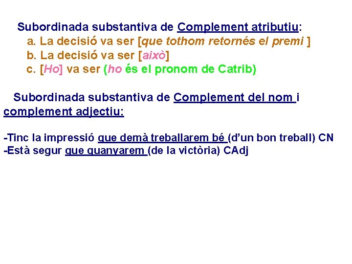 Subordinada substantiva de Complement atributiu: a. La decisió va ser [que tothom retornés el