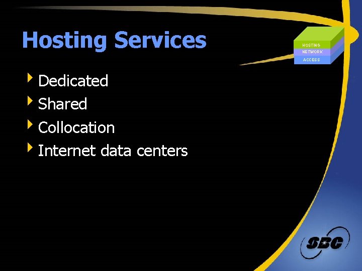 Hosting Services HOSTING NETWORK ACCESS 4 Dedicated 4 Shared 4 Collocation 4 Internet data