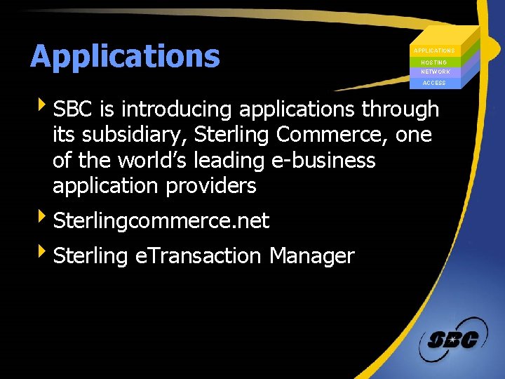 Applications APPLICATIONS HOSTING NETWORK ACCESS 4 SBC is introducing applications through its subsidiary, Sterling