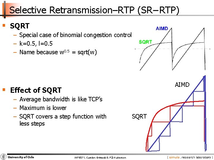 Selective Retransmission–RTP (SR−RTP) § SQRT − Special case of binomial congestion control − k=0.