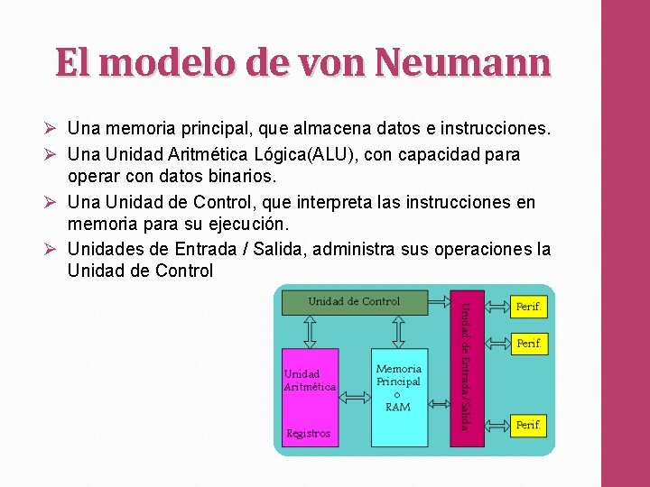 El modelo de von Neumann Ø Una memoria principal, que almacena datos e instrucciones.