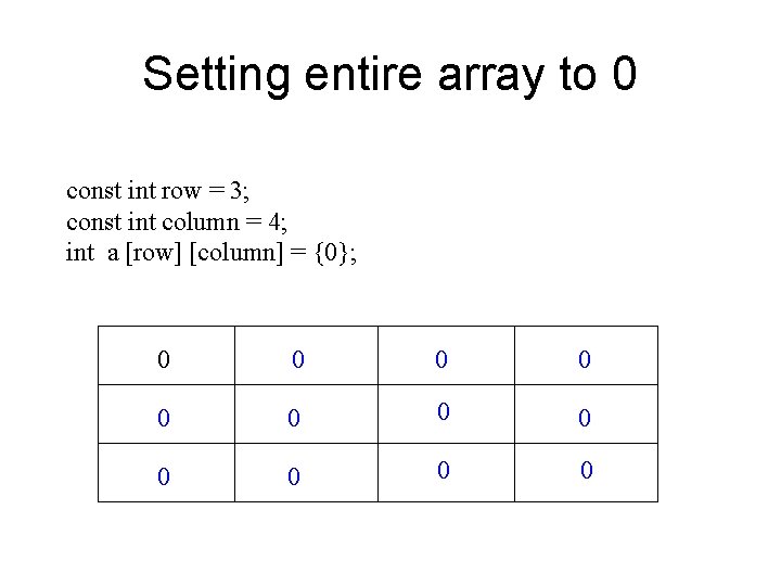 Setting entire array to 0 const int row = 3; const int column = Setting entire array to 0 const int row = 3; const int column =