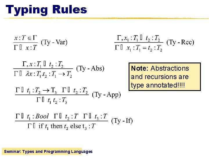 Typing Rules Note: Abstractions and recursions are type annotated!!!! Seminar: Types and Programming Languages