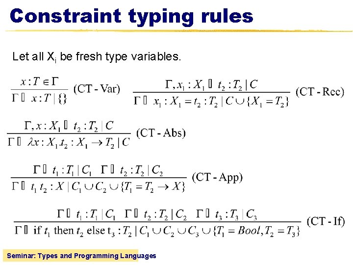Constraint typing rules Let all Xi be fresh type variables. Seminar: Types and Programming