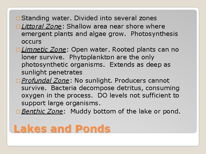 � Standing water. Divided into several zones � Littoral Zone: Shallow area near shore